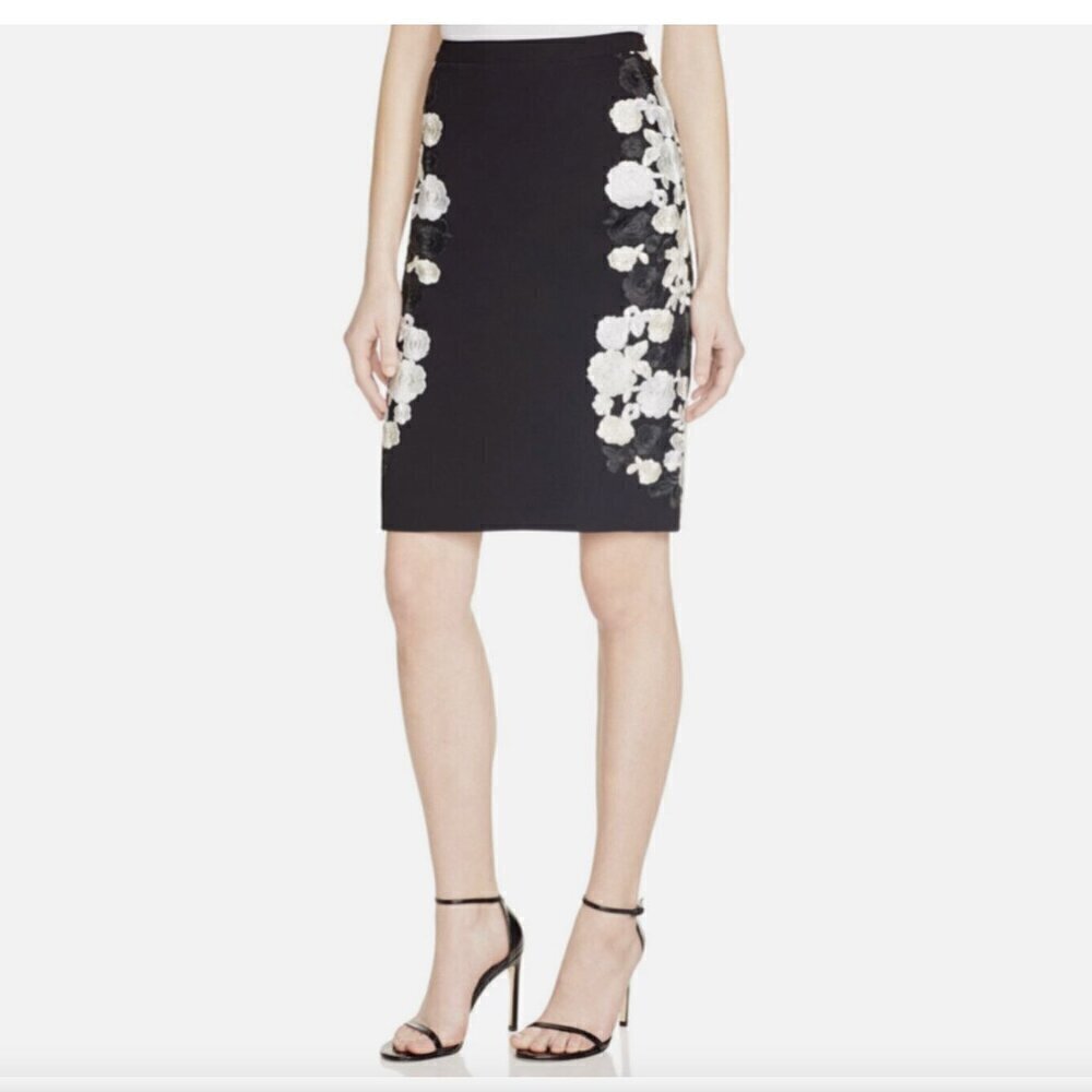 Diane Von Furstenberg Hillaria Embroidered Floral Black Pencil Skirt Size 6